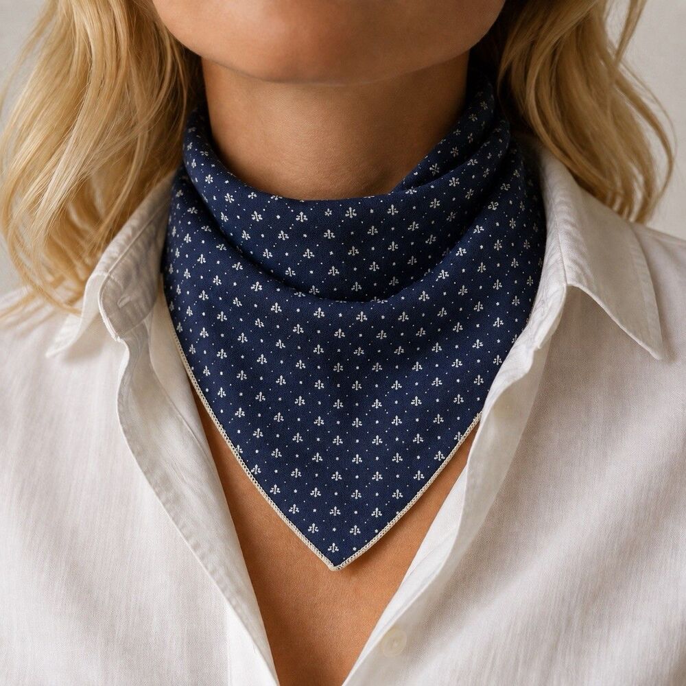 Vintage 1970s Navy Blue Fleur de Lis Neck Hair Scarf 20” Square Neckerchief USA